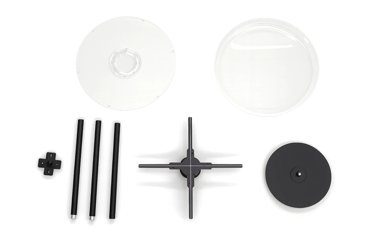 The parts of the hologram: LED rotor, protective cover, stand or wall bracket
